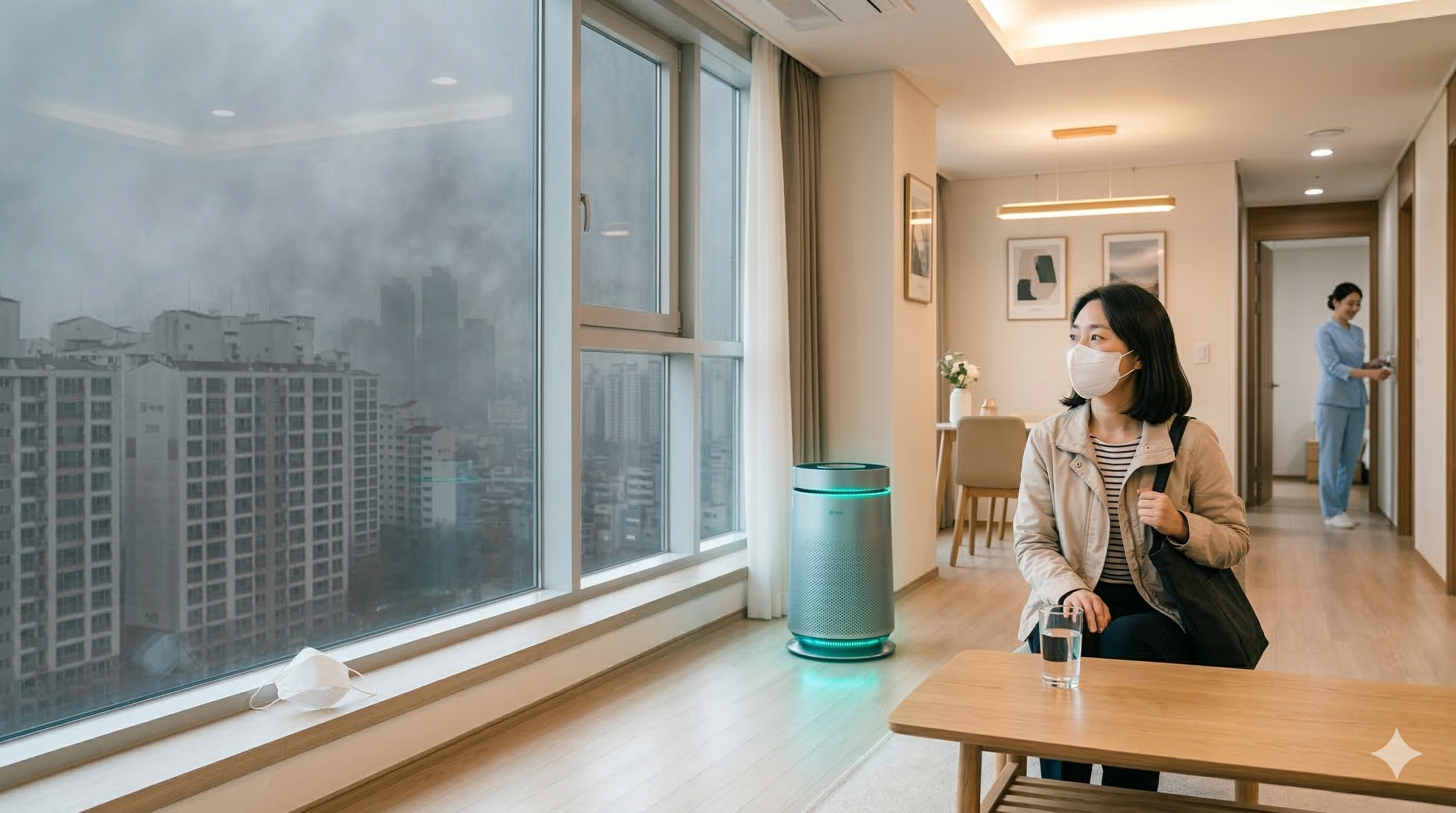 미세먼지 대응을 위해 마스크를 착용하고 공기청정기를 사용하는 실내