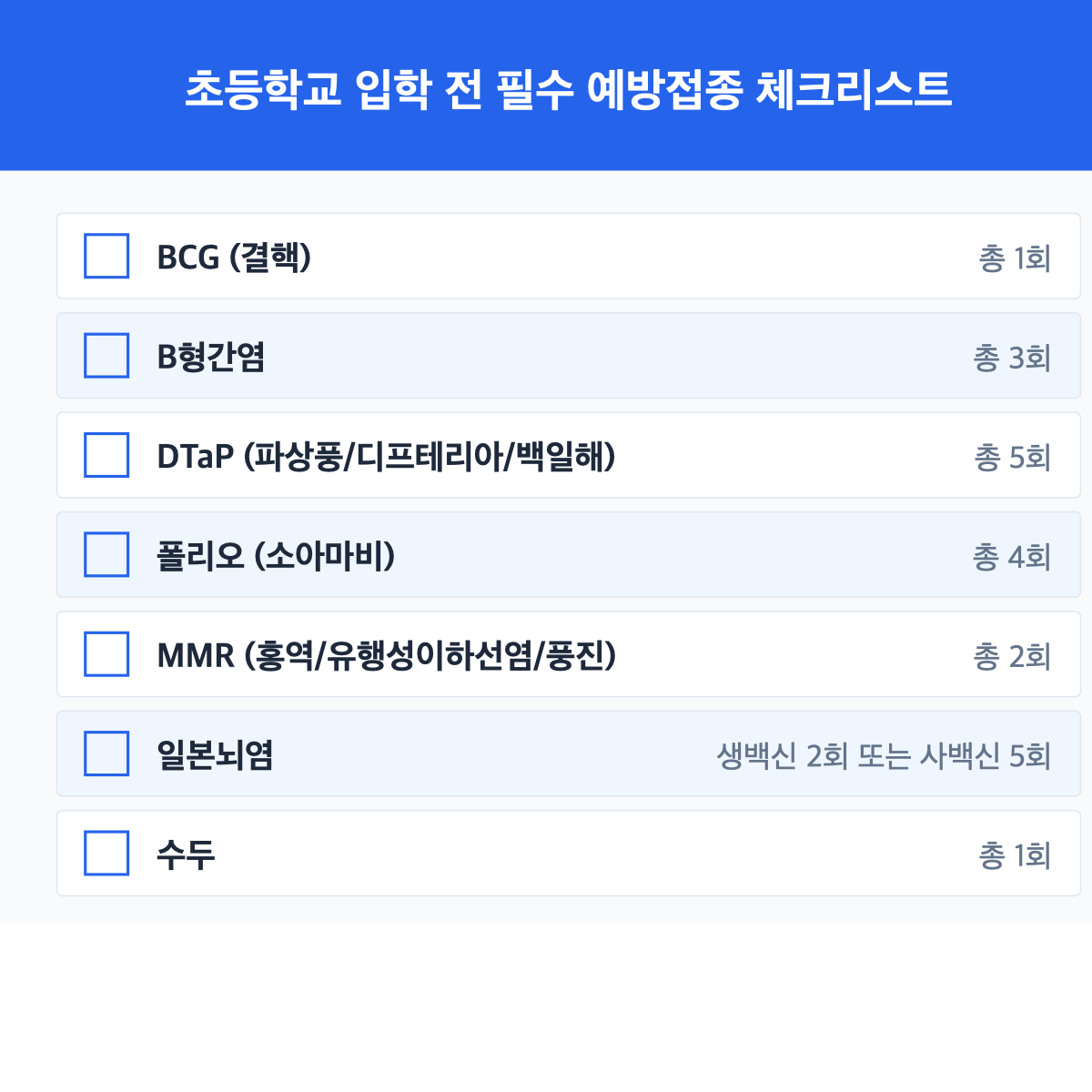 초등학교 입학 전 필수 예방접종 7종 체크리스트